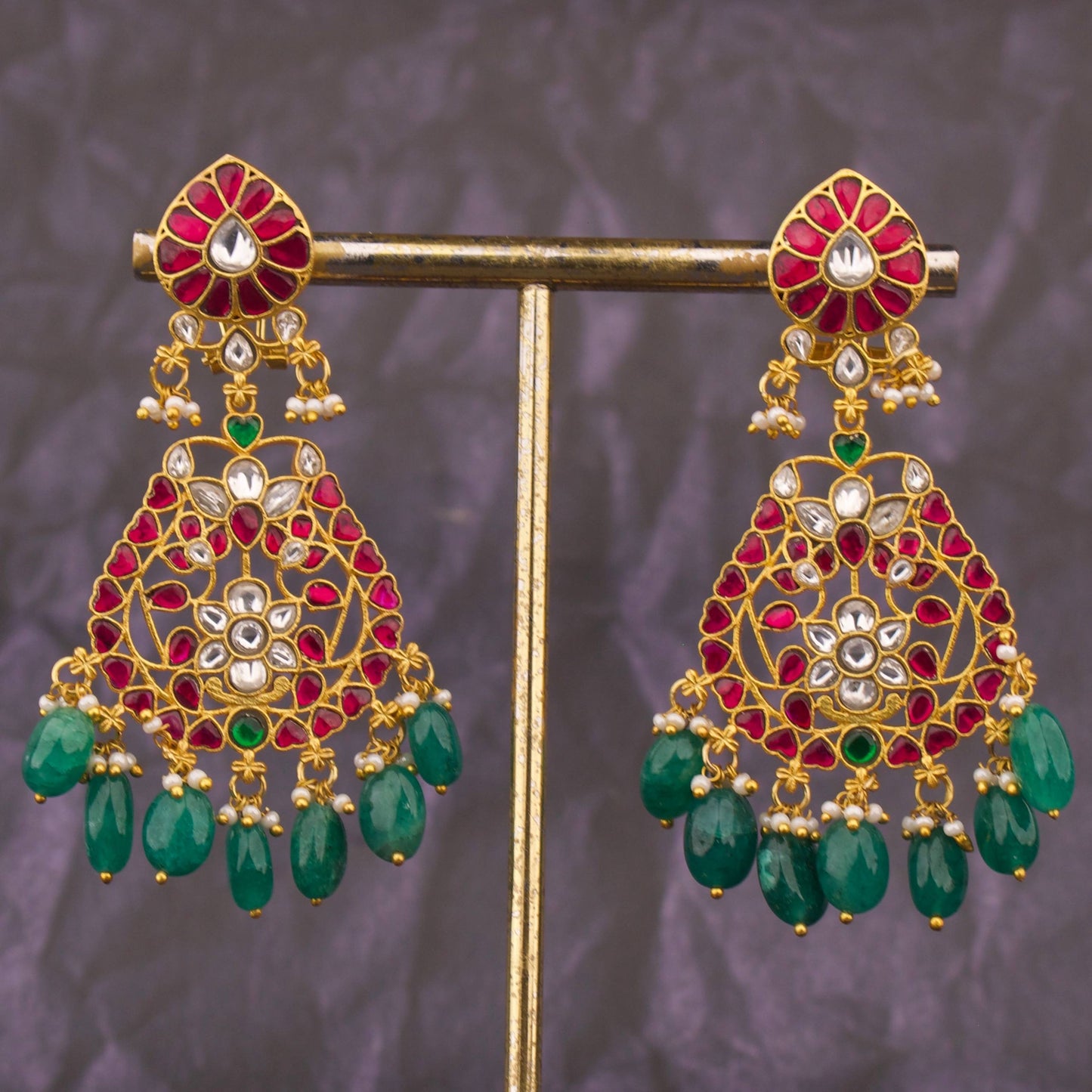 Classic Jadau Kundan Chandbali Earrings With Green Beads