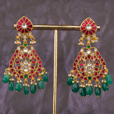 Classic Jadau Kundan Chandbali Earrings With Green Beads