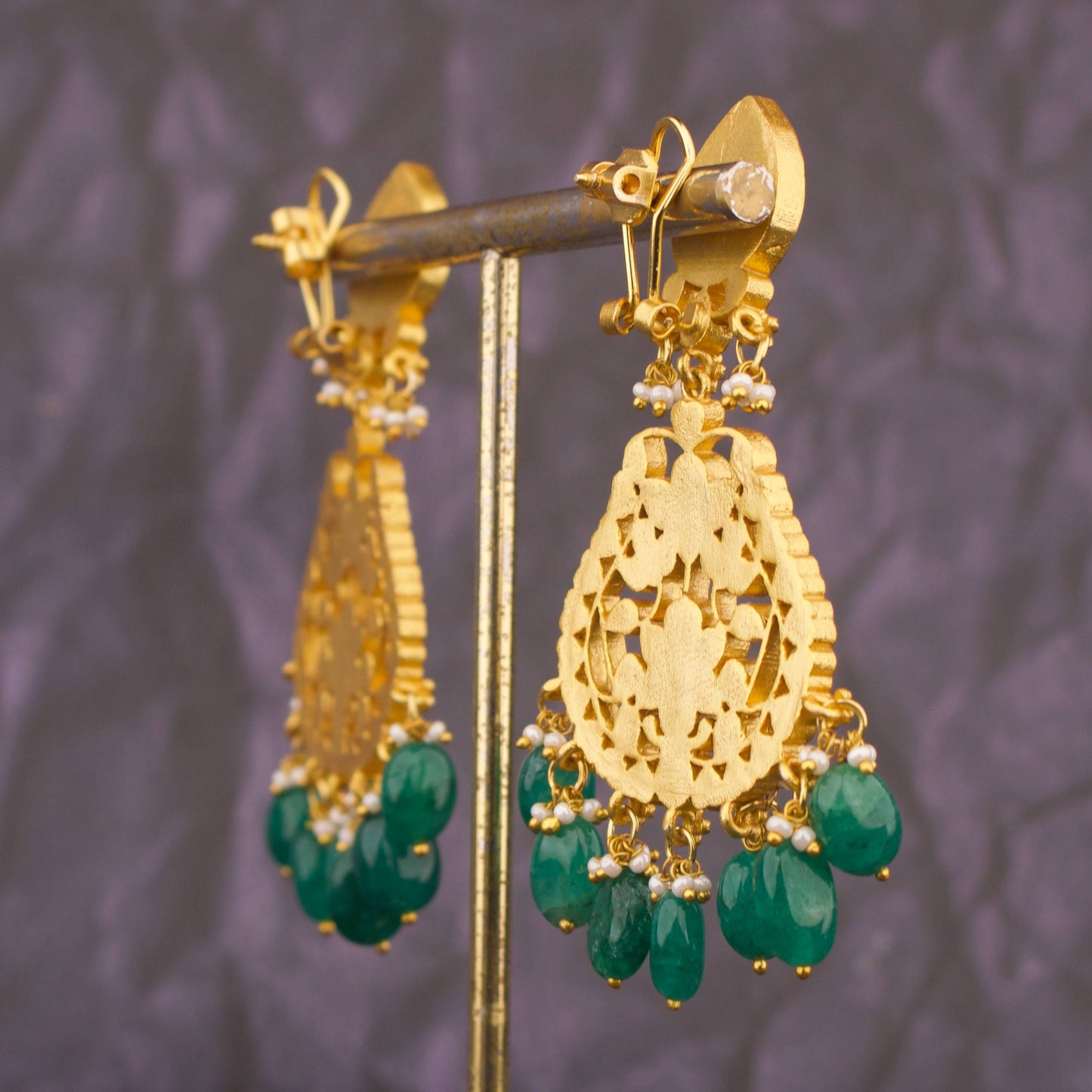 Classic Jadau Kundan Chandbali Earrings With Green Beads