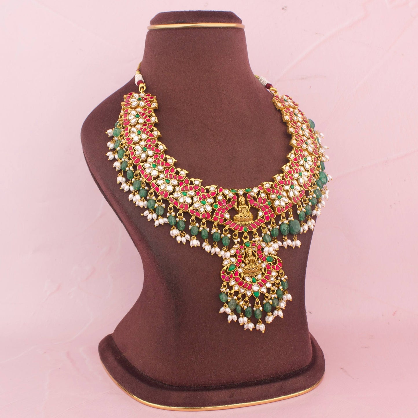 Divine Lakshmi Devi Peacock Design Jadau Kundan Necklace With Emerald Beads And Rice Pearls