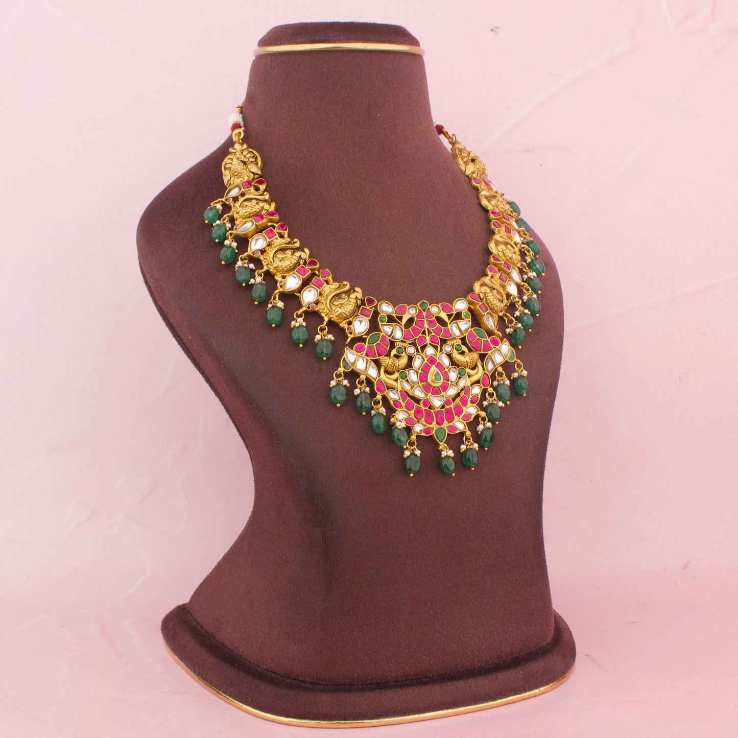 Regal Jadau Kundan Necklace With Emerald Beads