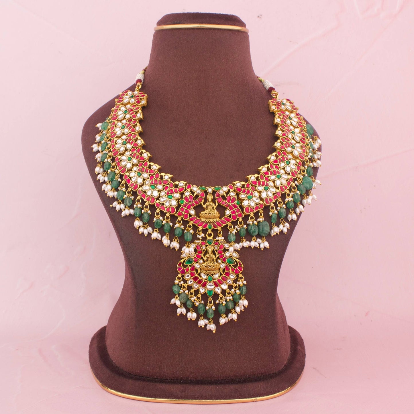 Divine Lakshmi Devi Peacock Design Jadau Kundan Necklace With Emerald Beads And Rice Pearls
