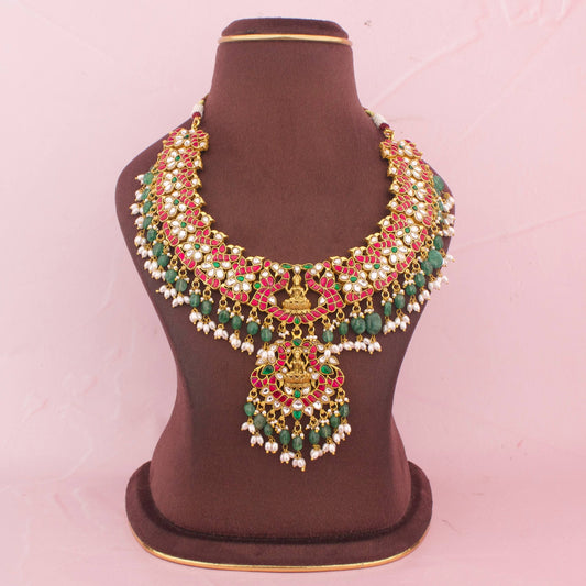 Divine Lakshmi Devi Peacock Design Jadau Kundan Necklace With Emerald Beads And Rice Pearls