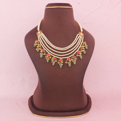 Minimal Pearl Layered Necklace With Green Stone Drops