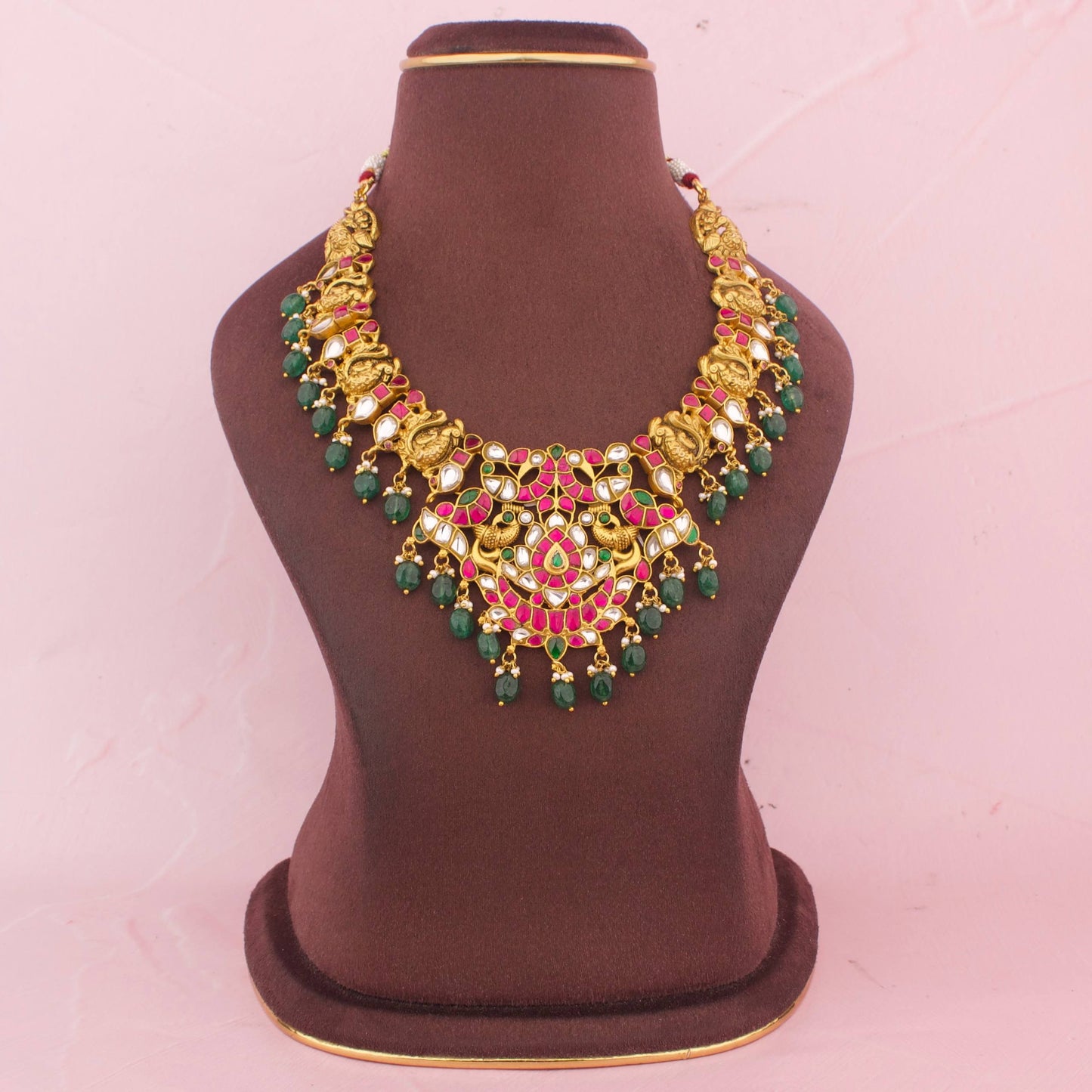 Regal Jadau Kundan Necklace With Emerald Beads