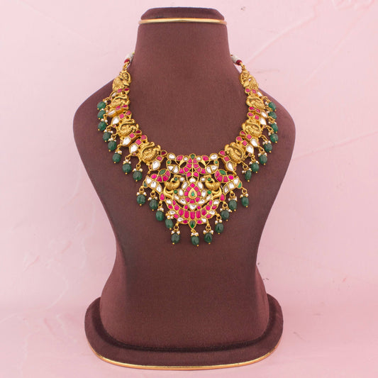 Regal Jadau Kundan Necklace With Emerald Beads