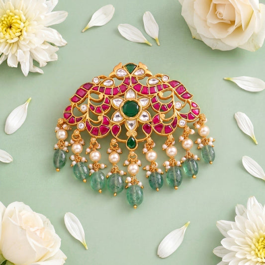 Designer Jadau Kundan Pendant With Pearl Drops And Green Beads