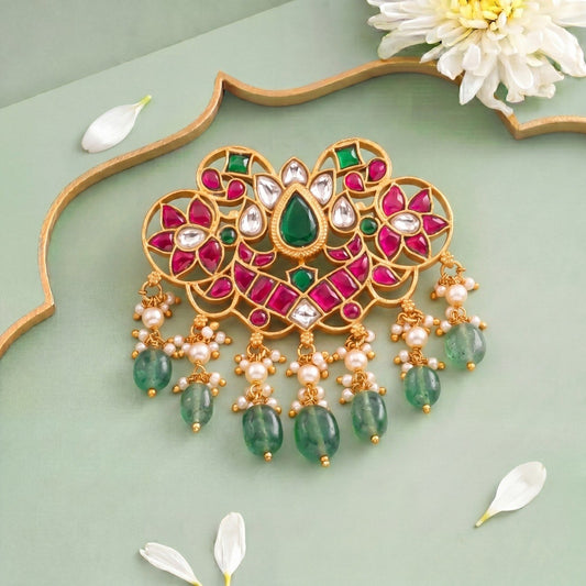 Designer Jadau Kundan Peacock Style Locket With Green Beads
