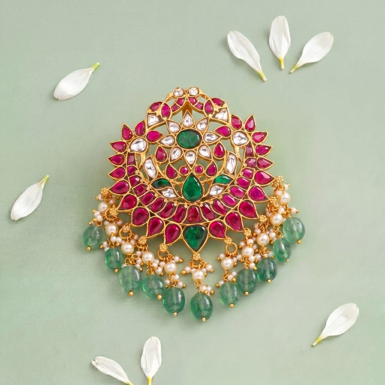 Heritage Jadau Kundan Locket With Ruby Work And Pearl Drops