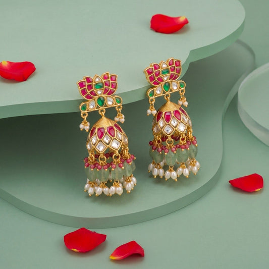 Bridal Jadau Kundan lotus Studded Jhumka With Pearl & Bead Hanging