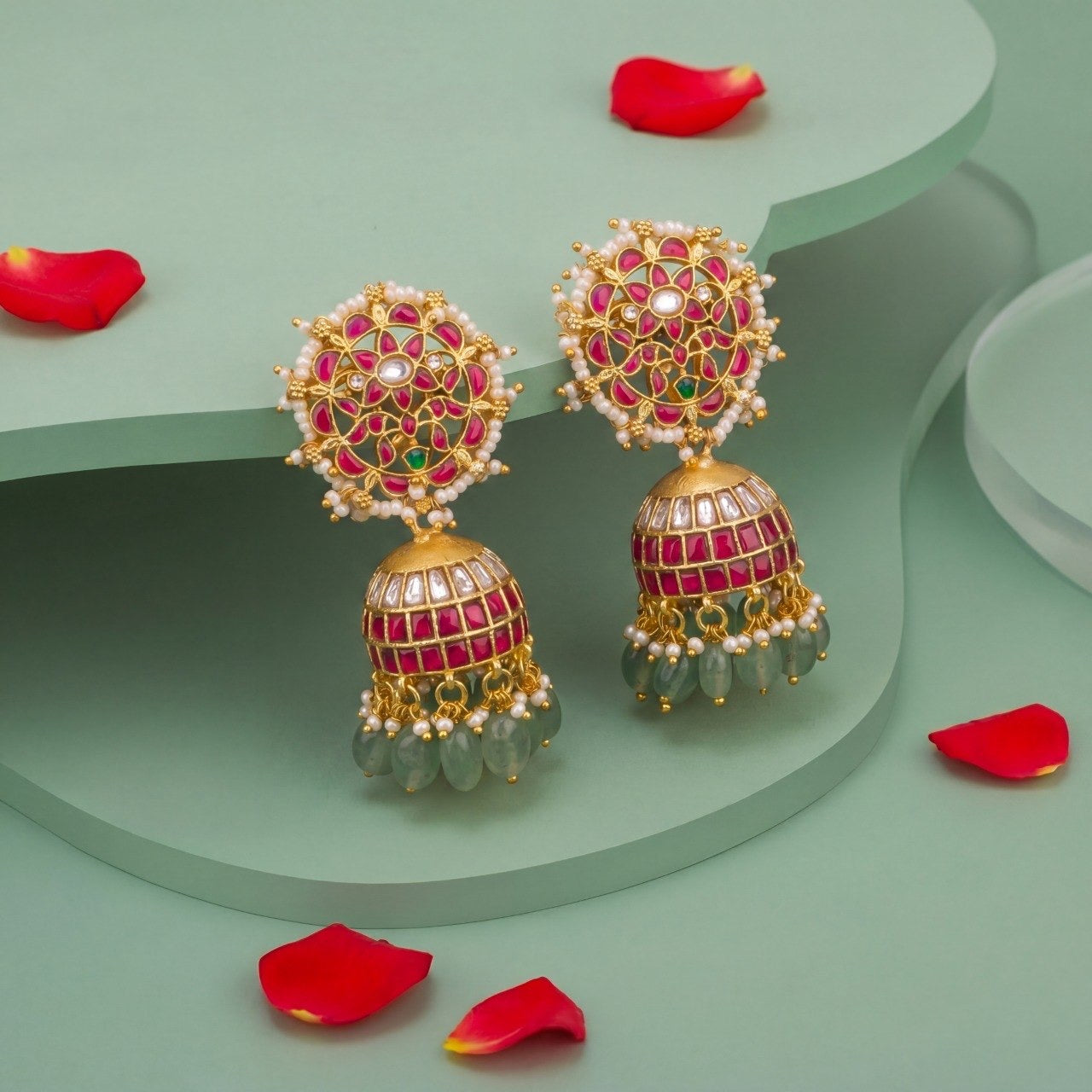 Bridal Circular Floral Studded Jadau Kundan Jhumki Earrings