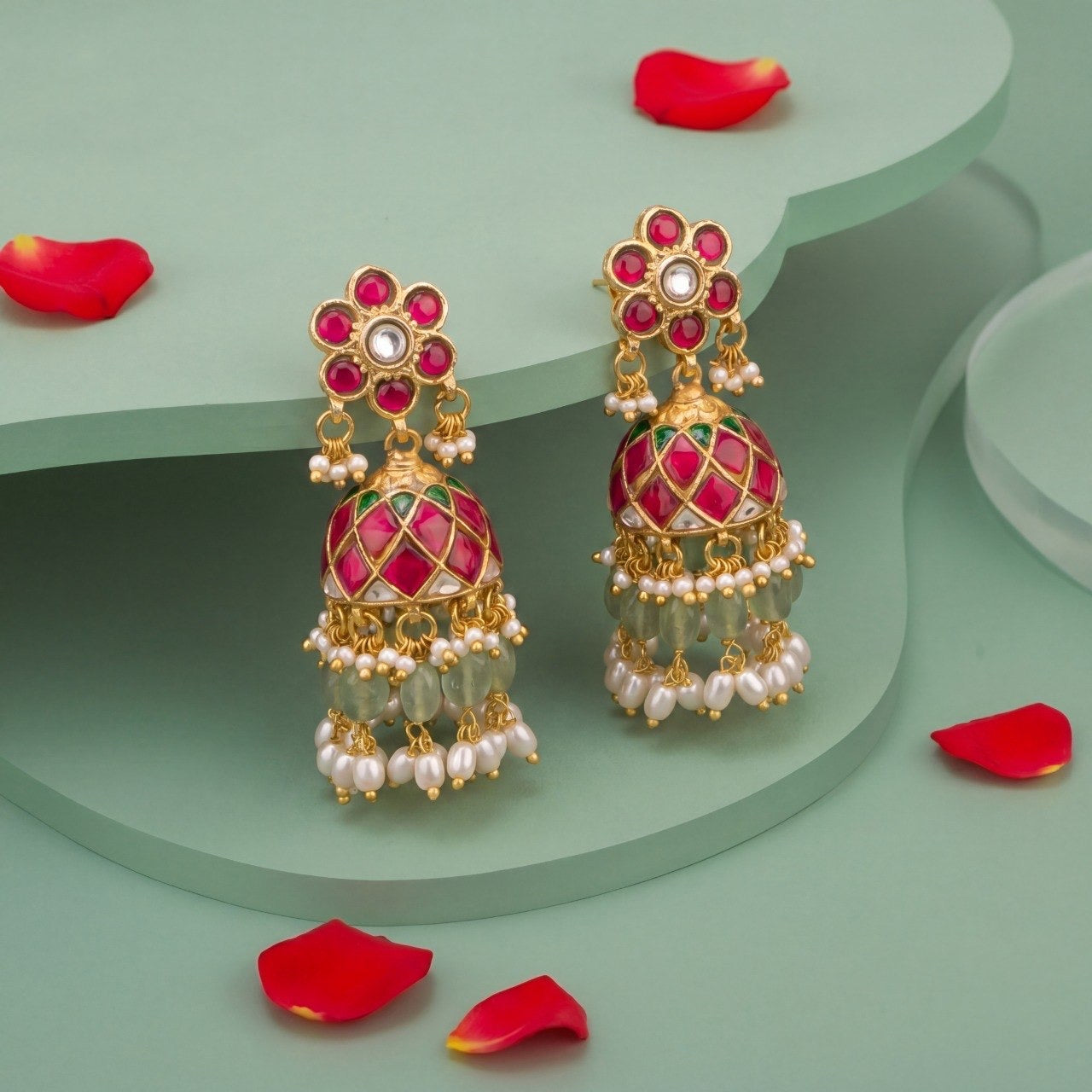 Designer Jadau Kundan Jhumka with Pearl and Beads Detailing