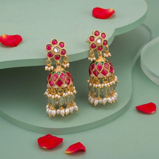 Designer Jadau Kundan Jhumka with Pearl and Beads Detailing