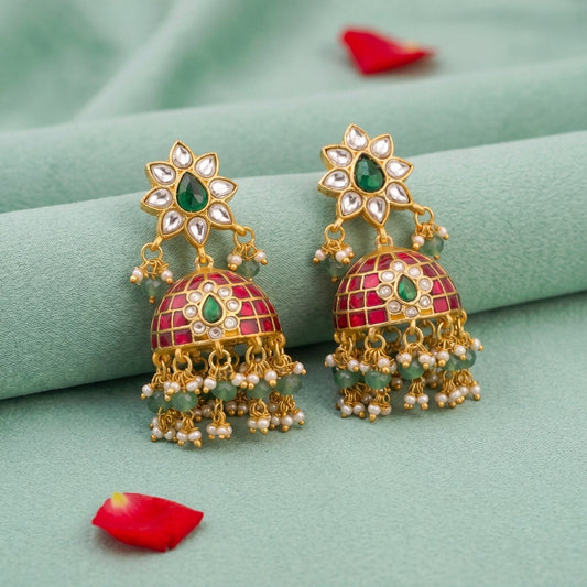 Designer Floral Stud Jadau Kundan Jhumka Earrings With Work And Pearl Drops