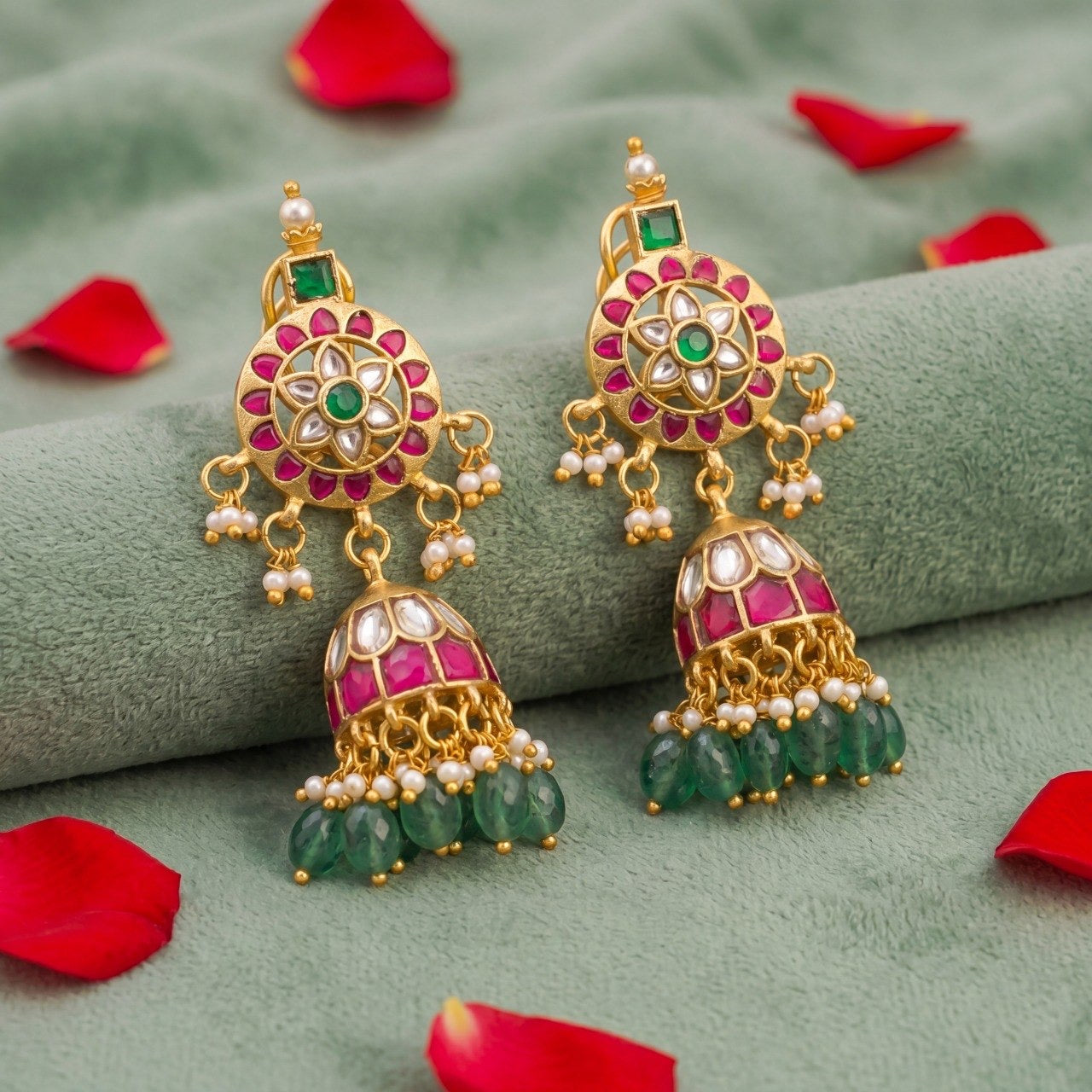 Ethnic Jadau Kundan Jhumki Earrings With Pearl Hangings And Green Beads