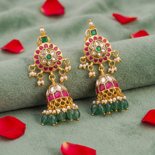 Ethnic Jadau Kundan Jhumki Earrings With Pearl Hangings And Green Beads