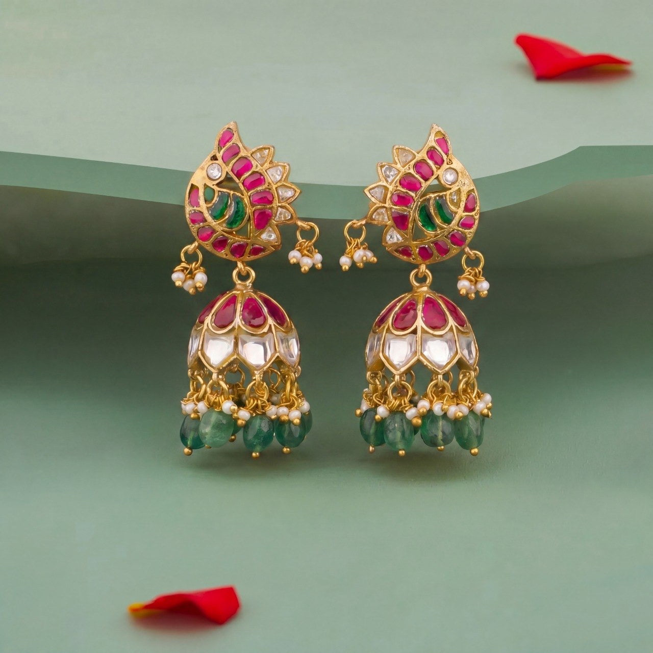 Elegant Gold Finish Jadau Kundan Jhumka Earrings With Green Beads And Pearls