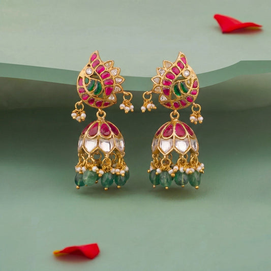 Elegant Gold Finish Jadau Kundan Jhumka Earrings With Green Beads And Pearls