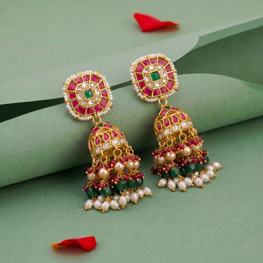 Unique Design Jadau Kundan Jhumki With Rice Pearl Hanging