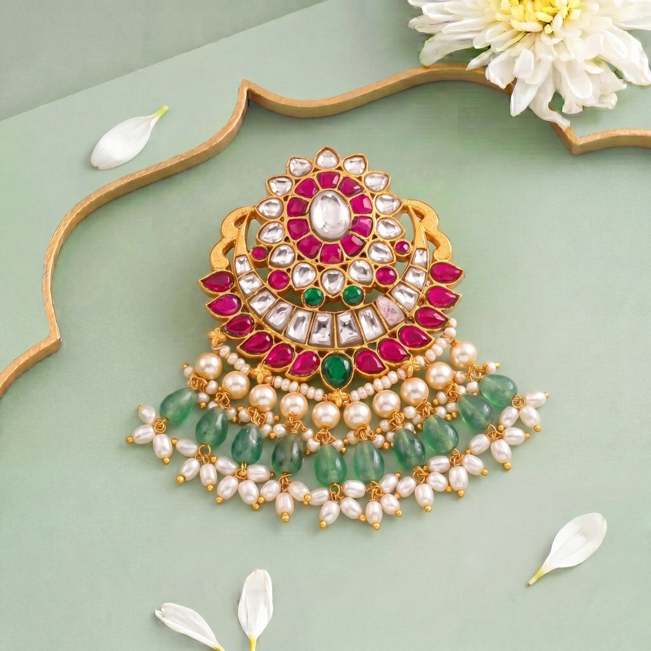 Classy Jadau Kundan Locket With Pearl Layering And Green Drops