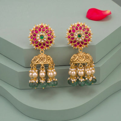 Temple Style Jadau Kundan Jhumki With Emerald Beads