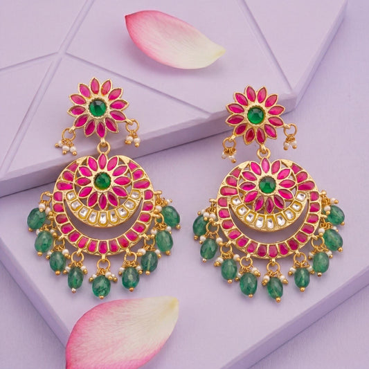 Floral Studded Bridal Chandbali Earrings With Beads Hangings