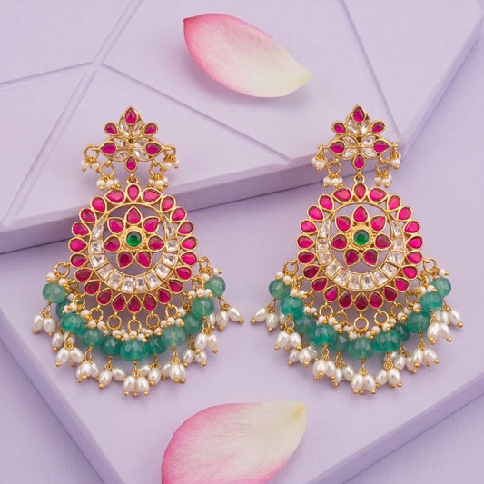 Floral Design Jadau Kundan Chandbali Earrings With Ricepearl