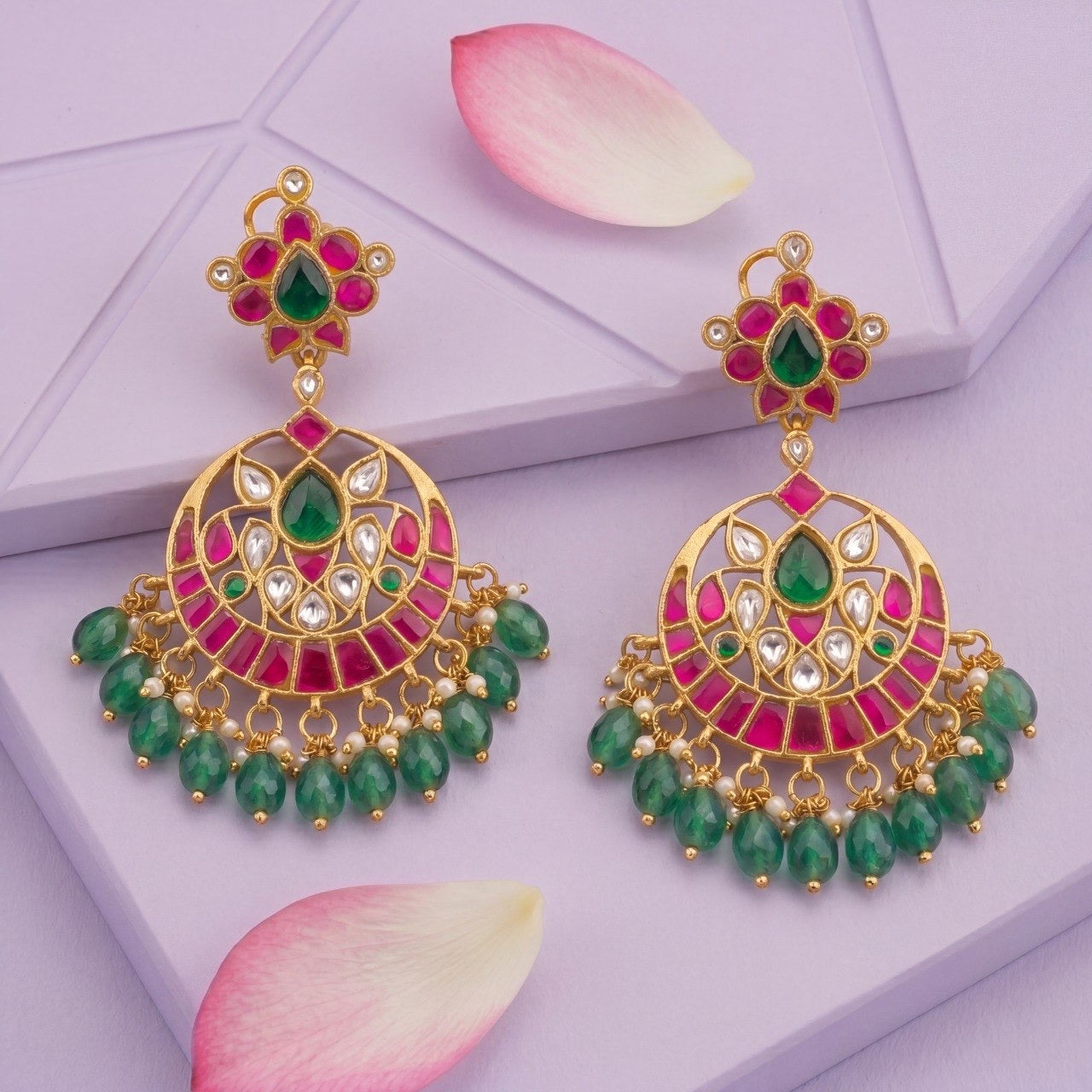 Festive Jadau Kundan Chandbali Earrings With Green Stone Beads