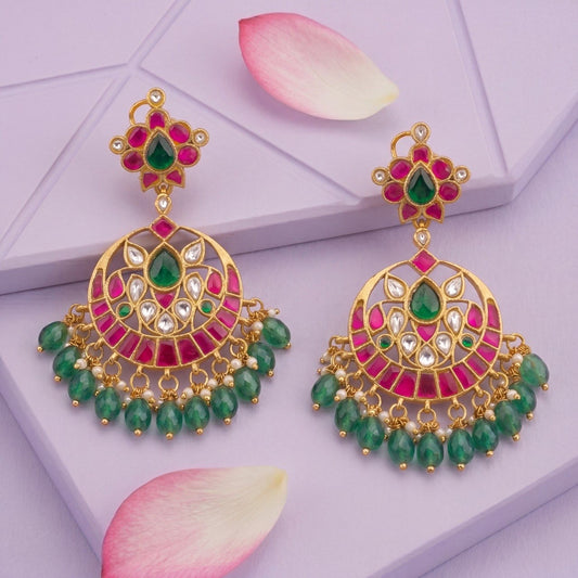 Festive Jadau Kundan Chandbali Earrings With Green Stone Beads