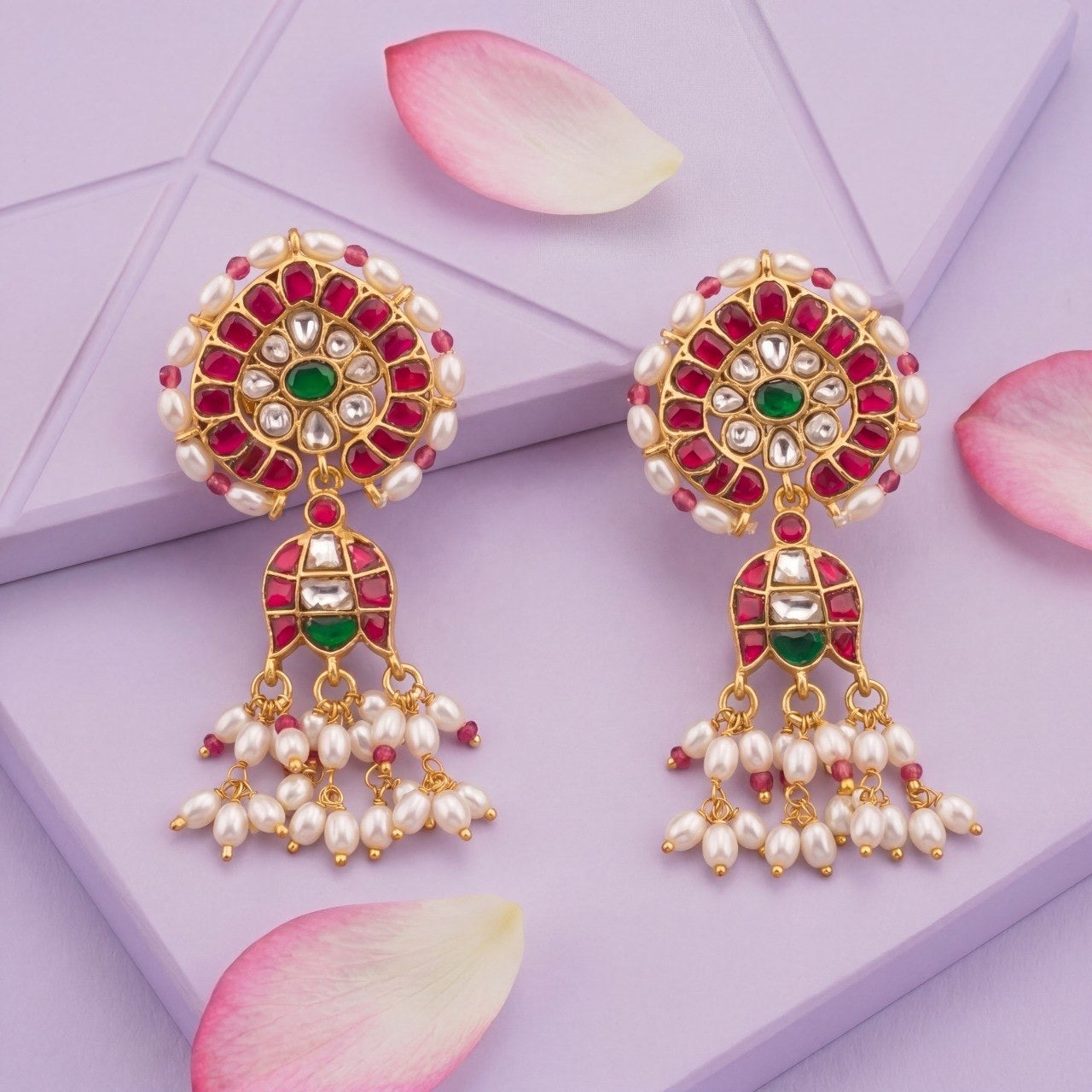 Jadau Kundan Pearl Bordering Hanging Earrings