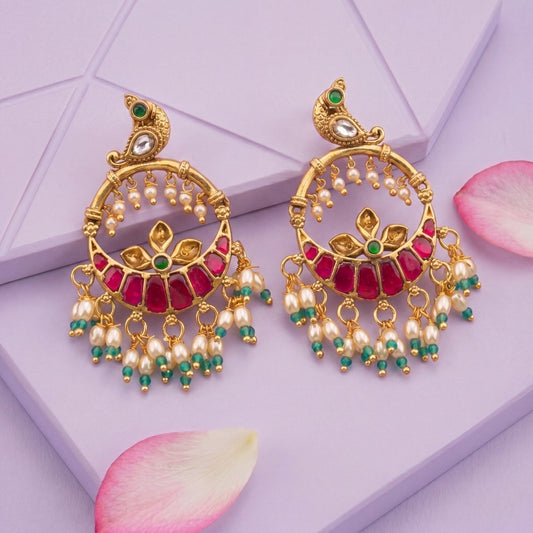 Nakshi Kundan Peacock Studded Chandbali Earrings
