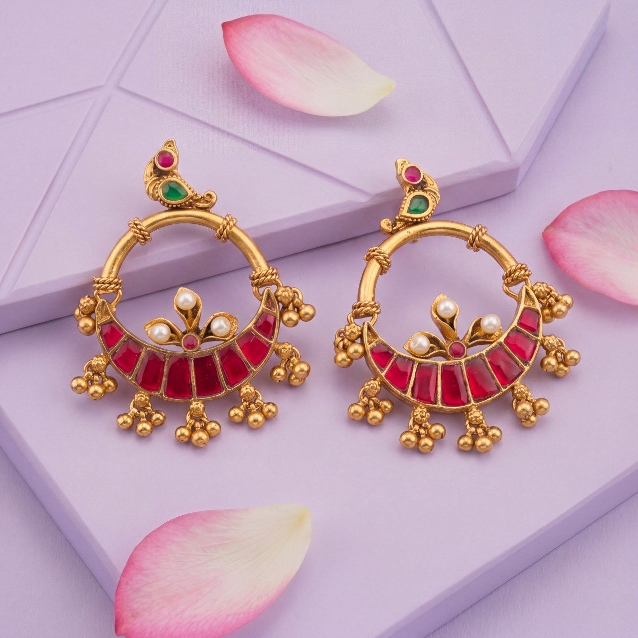 Lavish Jadau Kundan Chandbali Earrings With Peacock Design And Hanging Drops
