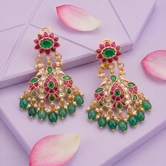 Phool Studded Jadau Kundan Chandbali Earrings With Emerald Bead Drops