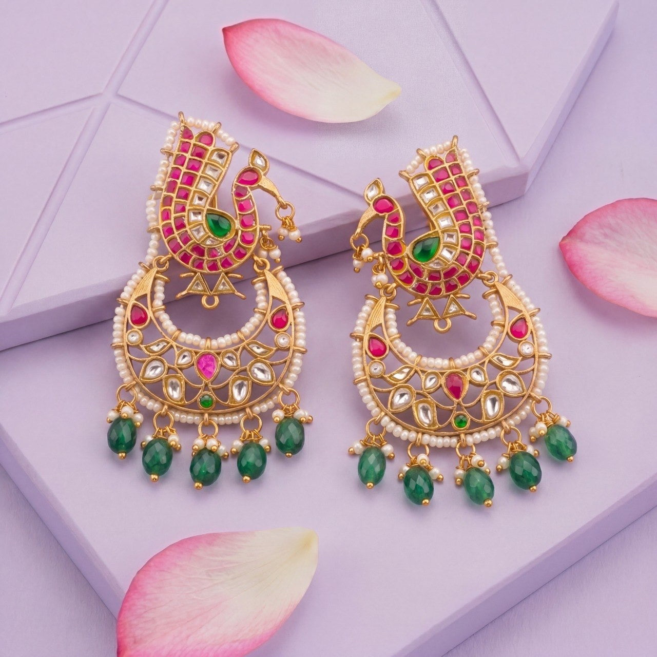 Regal Peacock Studded Jadau Kundan Chandbali Earrings
