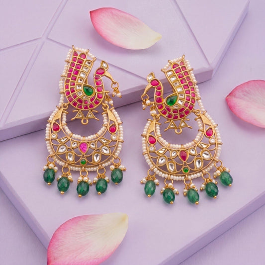 Regal Peacock Studded Jadau Kundan Chandbali Earrings