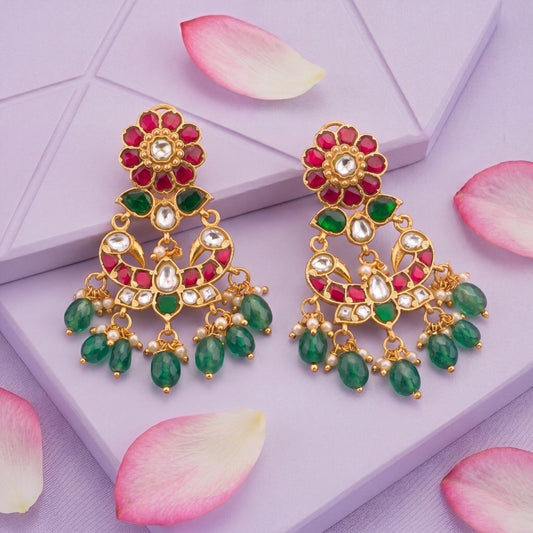 Peacock Design Jadau Kundan Chandbali Earrings With Studded Floral Top And Emerald Green Beads