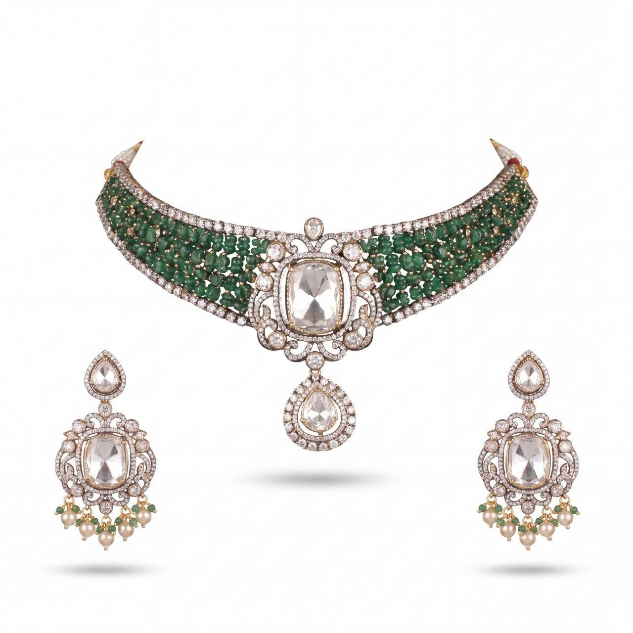 Designer Sabyasachi Inspired Polki Necklace Set With Matching Earrings