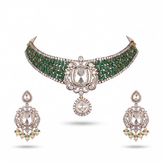 Designer Sabyasachi Inspired Polki Necklace Set With Matching Earrings