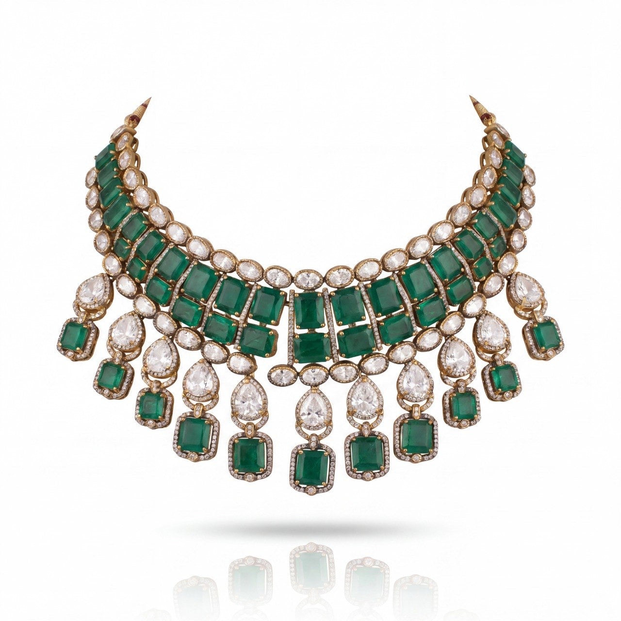 Victorian Emerald Polki Statement Choker Necklace Set With Drop Earrings