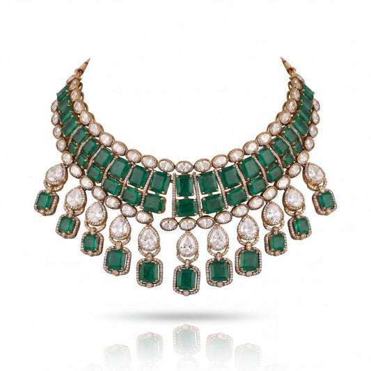 Premium Victorian Emerald Polki Statement Choker Necklace Set With Drop Earrings