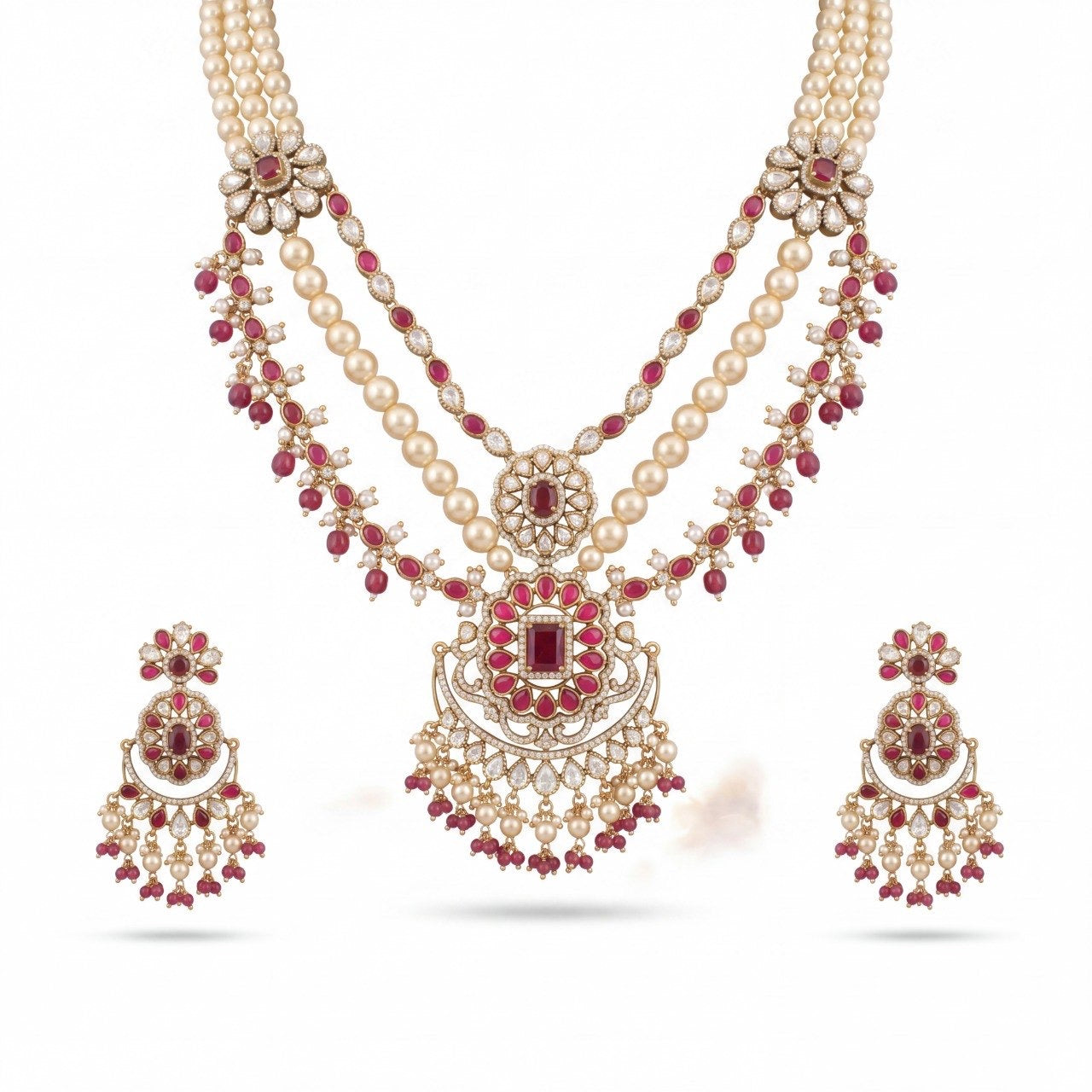 Premium brass Bridal Victorian Polki Necklace Swarovski Chain Haram adorned with ruby stones