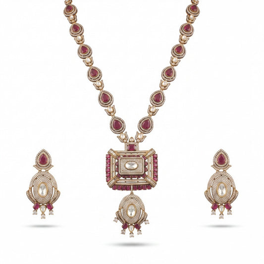 Premium Sleek Design Fusion Kundan & Polki Victorian Long Necklace Set