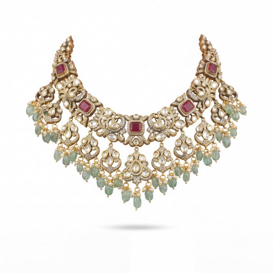 Premium Polki Majestic Grace: Victorian Short Necklace Set adorned with emerald beads