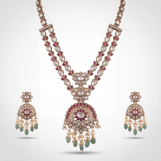 Premium antique gold Polki Two-Step Diamond Victorian Necklace Set adorned with ruby stones,