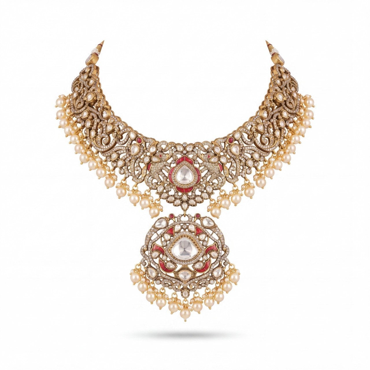 Victorian Moissanite Necklace Set with Pearl hangings