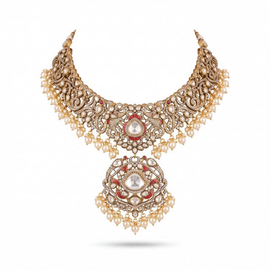 Premium gold Polki Victorian Moissanite Necklace Set with Pearl hangings adorned with ruby