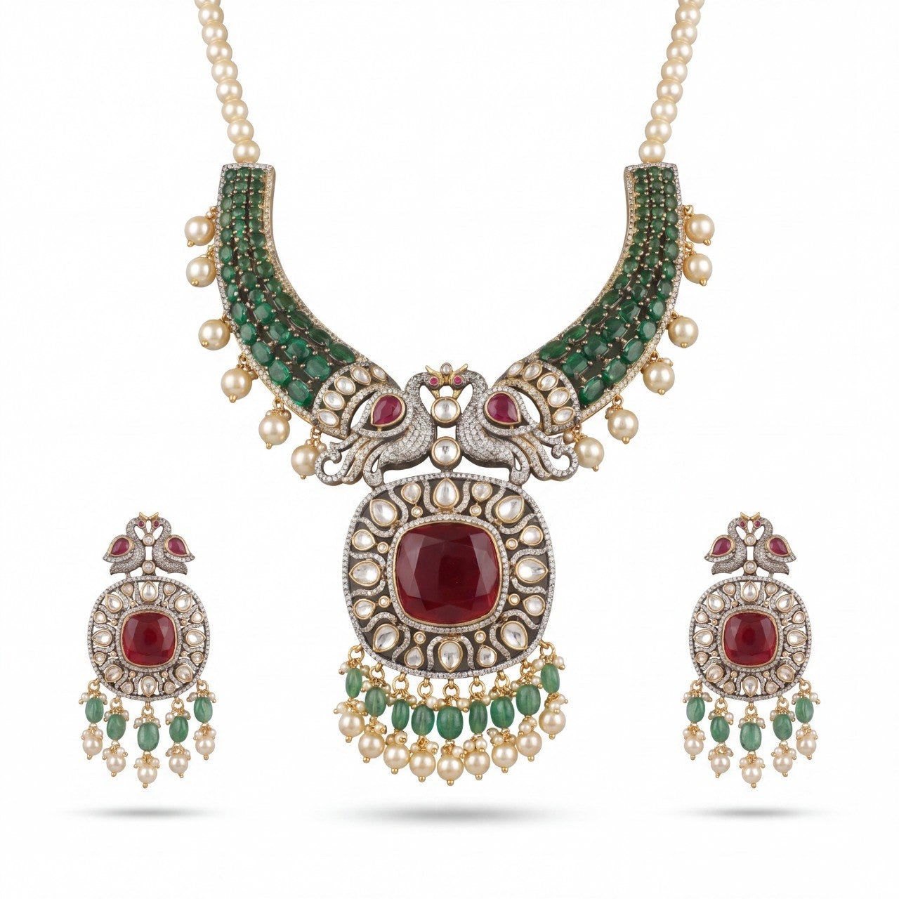 Premium Grand Fusion Kundan & Polki Victorian Mehandi Necklace With Matching Earrings