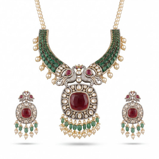 Grand Fusion Kundan & Polki Victorian Mehandi Necklace With Matching Earrings