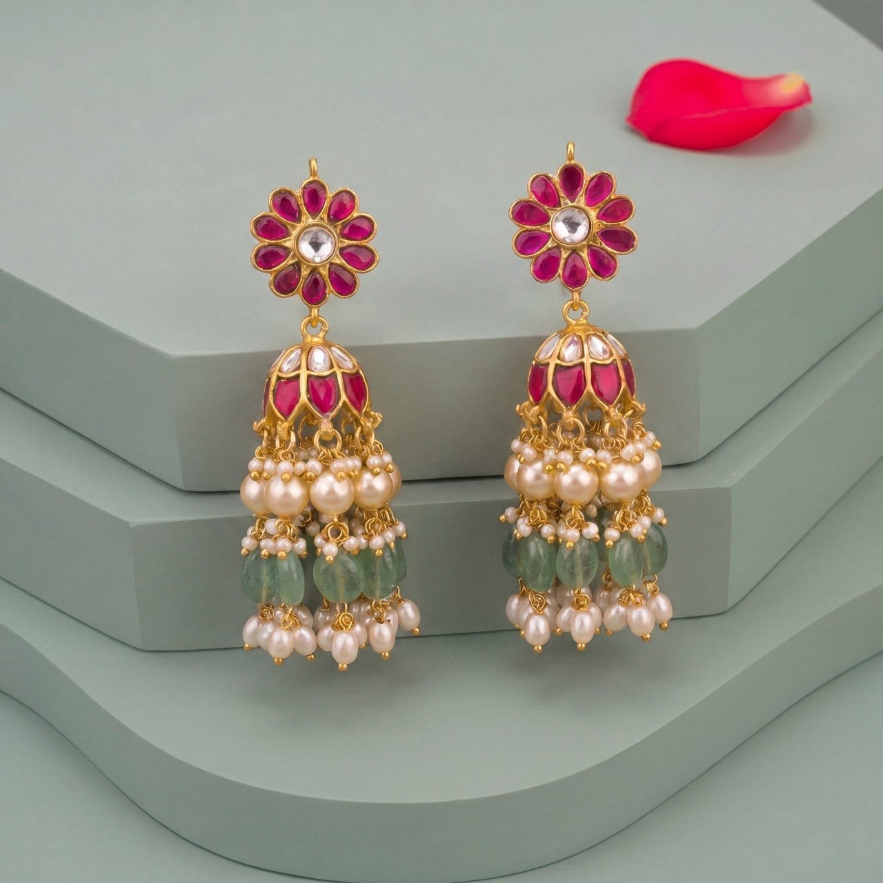 Phool Design Jadau Kundan Jhumka Earrings With Hangings
