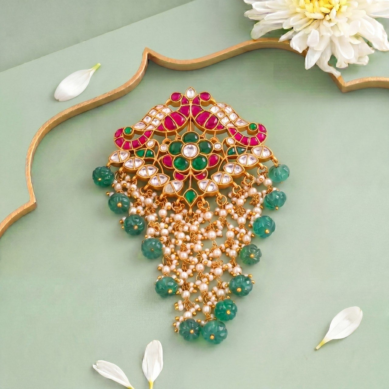 Designer Jadau Kundan Locket With Pearl Tassels